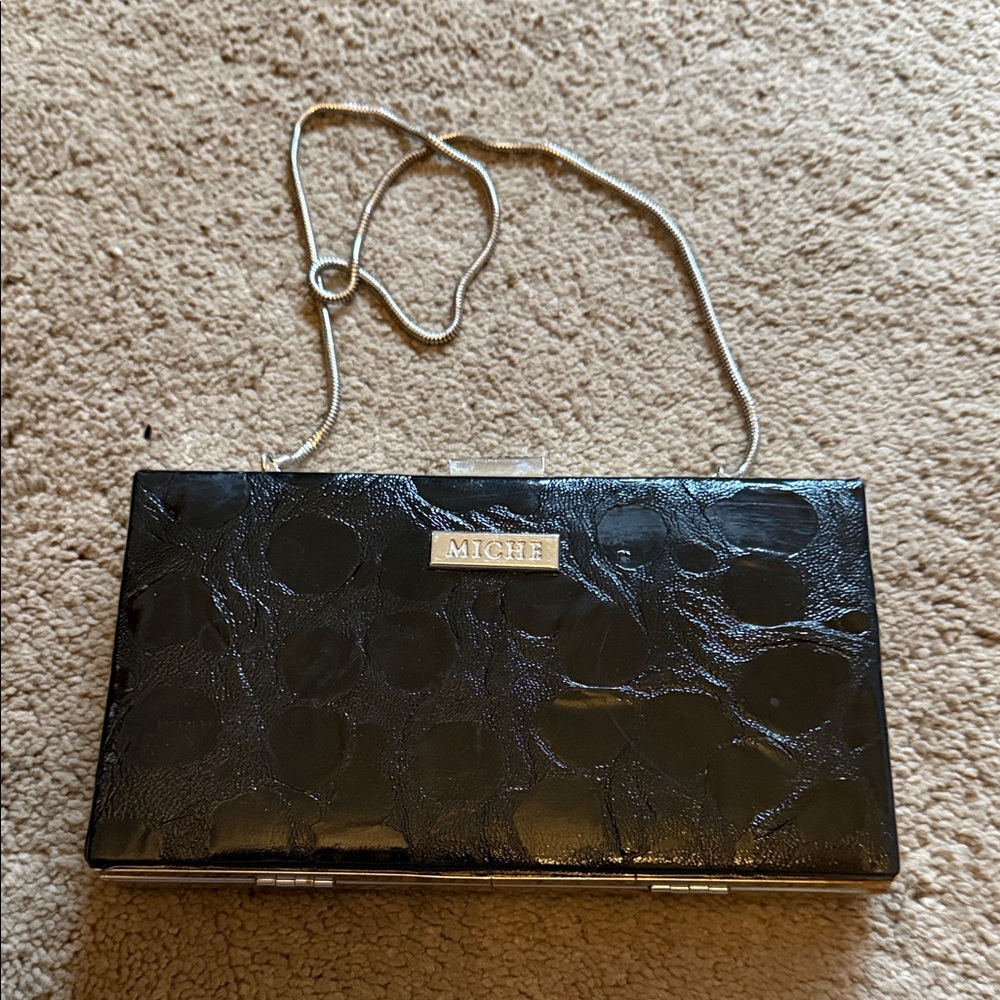 Miche Textured Black Clutch with Silver Chain